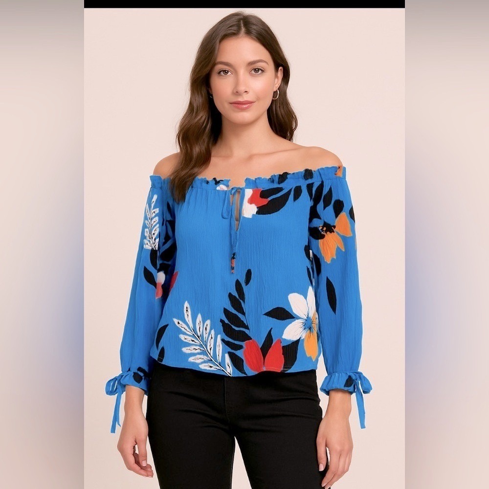 Fig and Flower Boho Off-Shoulder Blue Floral Blouse – Size L Tropical Beach